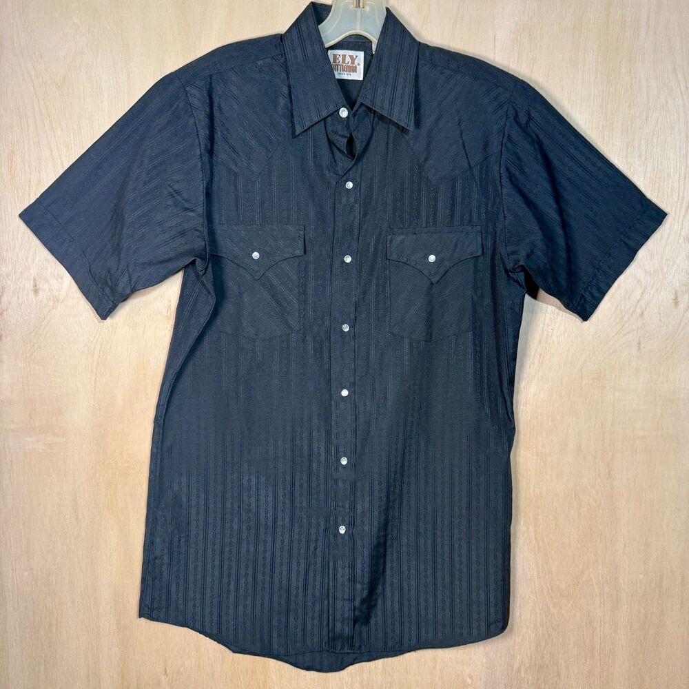Vintage Ely Cattleman Black Western Pearl Snap Shirt Mens S 14.5 Short Sleeve